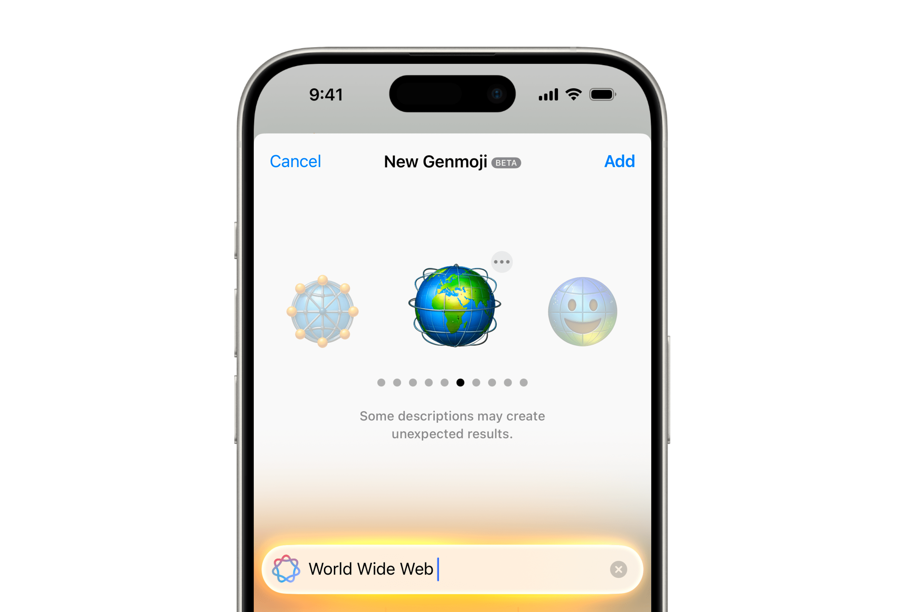 The interface for creating a Genmoji, showing three options for "world wide web" — a globe covered in network connection dots, a globe encircled by wires, and a globe with a giant smile plastered across it's face.