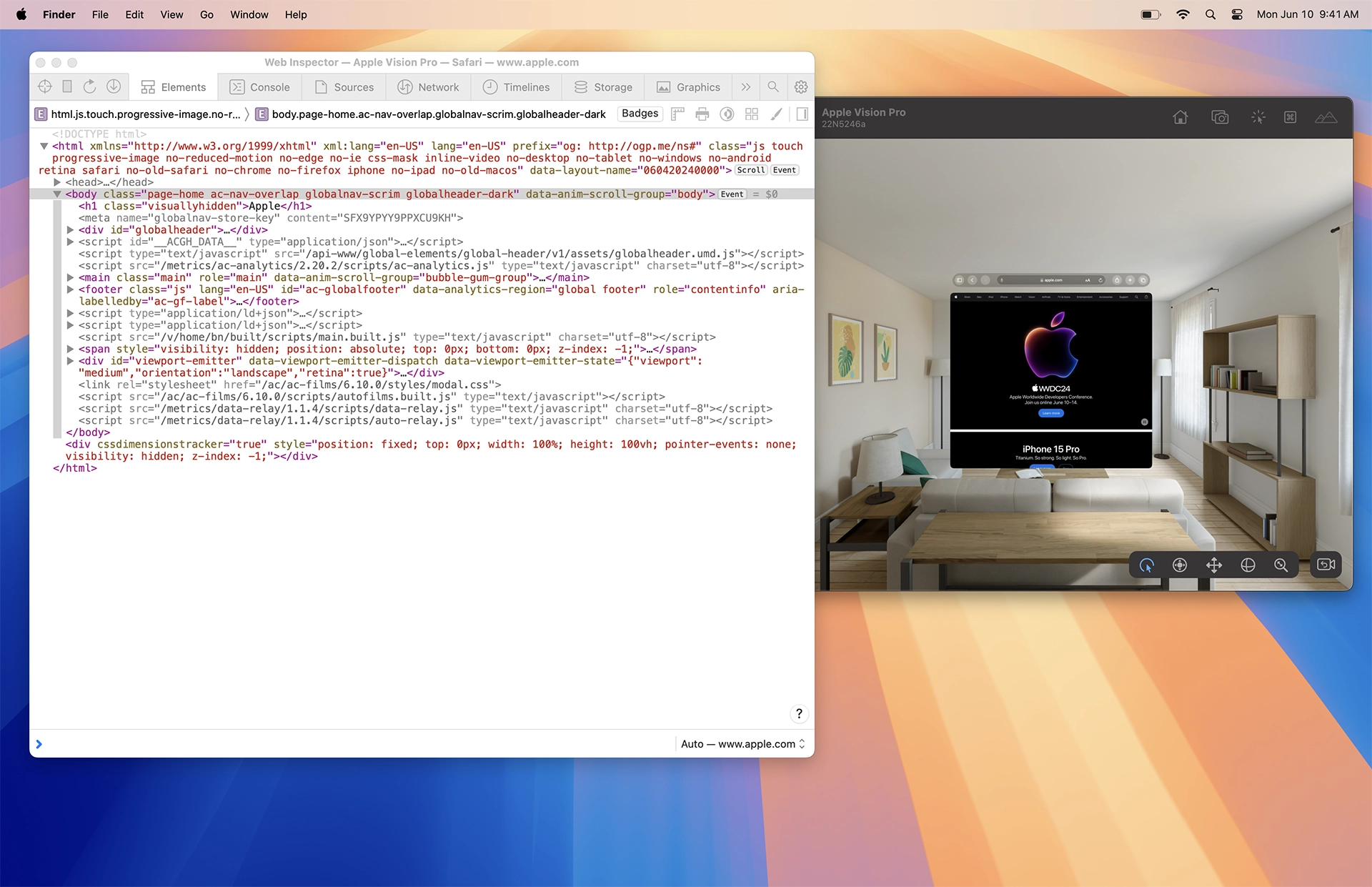 Web Inspector to the left of a visionOS simulator